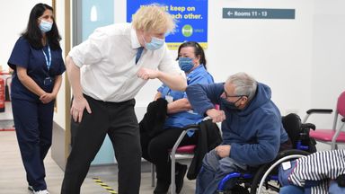 Prime Minister Boris Johnson meets Tony Garrett during a visit to a coronavirus vaccination centre at the Health and Well-being Centre in Orpington, south-east London. Picture date: Monday February 15, 2021